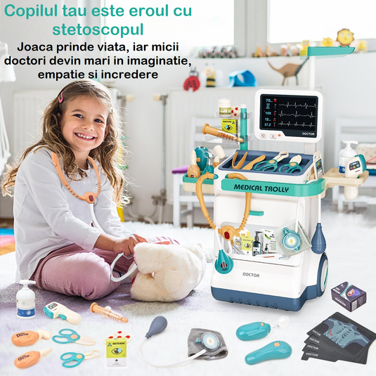 Set de Joaca, Carucior Medical pentru Copii, 26 Piese, cu Sunete, Include Radiografii, Stetoscop, Termometru, Seringa, Portabil, Stimuleaza Imaginatia si Jocul de Rol, Indiggo, 3ani+, Dimensiune 115x46.5cm, Turcoaz