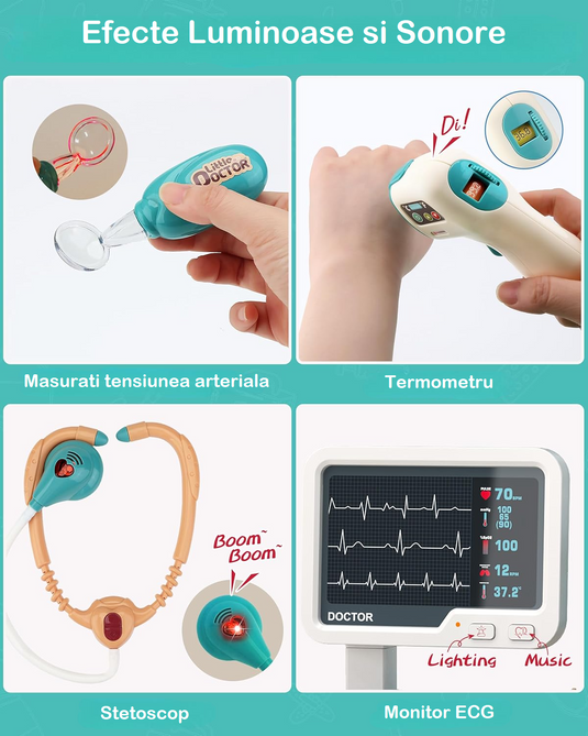 Set de Joaca, Carucior Medical pentru Copii, 26 Piese, cu Sunete, Include Radiografii, Stetoscop, Termometru, Seringa, Portabil, Stimuleaza Imaginatia si Jocul de Rol, Indiggo, 3ani+, Dimensiune 115x46.5cm, Turcoaz