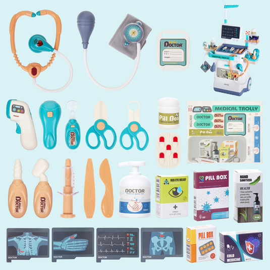 Set de Joaca, Carucior Medical pentru Copii, 26 Piese, cu Sunete, Include Radiografii, Stetoscop, Termometru, Seringa, Portabil, Stimuleaza Imaginatia si Jocul de Rol, Indiggo, 3ani+, Dimensiune 115x46.5cm, Turcoaz