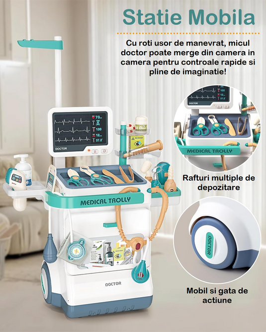 Set de Joaca, Carucior Medical pentru Copii, 26 Piese, cu Sunete, Include Radiografii, Stetoscop, Termometru, Seringa, Portabil, Stimuleaza Imaginatia si Jocul de Rol, Indiggo, 3ani+, Dimensiune 115x46.5cm, Turcoaz