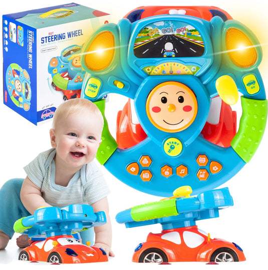 Volan Interactiv pentru Bebelusi, cu Masinuta si Schimbator de Viteze, Claxon, Sunete de Motor, Melodii, Functii Sonore si Luminoase, 18 luni+, Dimensiune 24x23 cm, Rosu/Albastru