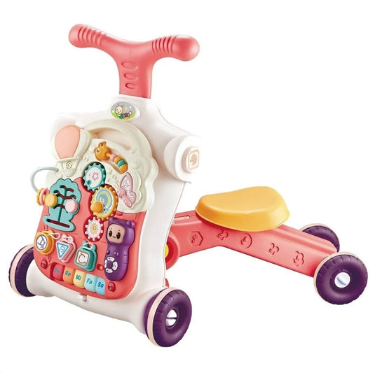 Antemergator Multifunctional 5 in 1 Trotineta, Scuter, Centru de Activitati si Panou Detasabil, GoGoLittleBaby, cu Melodii, Pian, Telefon, Forme si Culori, Inaltime Reglabila, Control Volum, Structura Stabila, Antiderapant, Pink Blush