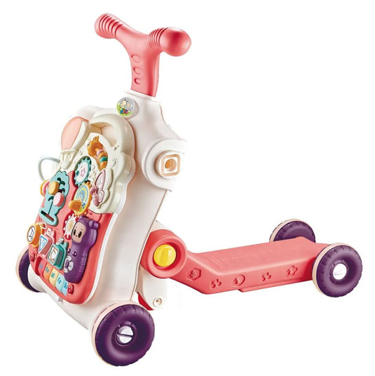 Antemergator Multifunctional 5 in 1 Trotineta, Scuter, Centru de Activitati si Panou Detasabil, GoGoLittleBaby, cu Melodii, Pian, Telefon, Forme si Culori, Inaltime Reglabila, Control Volum, Structura Stabila, Antiderapant, Pink Blush