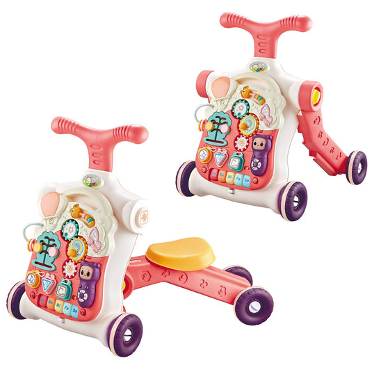 Antemergator Multifunctional 5 in 1 Trotineta, Scuter, Centru de Activitati si Panou Detasabil, GoGoLittleBaby, cu Melodii, Pian, Telefon, Forme si Culori, Inaltime Reglabila, Control Volum, Structura Stabila, Antiderapant, Pink Blush