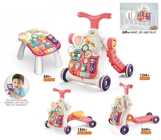 Antemergator Multifunctional 5 in 1 Trotineta, Scuter, Centru de Activitati si Panou Detasabil, GoGoLittleBaby, cu Melodii, Pian, Telefon, Forme si Culori, Inaltime Reglabila, Control Volum, Structura Stabila, Antiderapant, Pink Blush