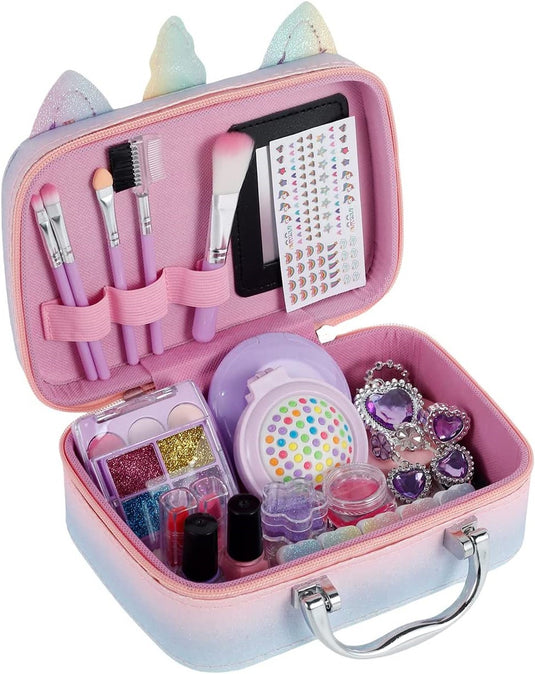 Trusa de Machiaj pentru Fetite, Unicorn Kitty, Include Farduri, 2 Lacuri de Unghii, Pensule, Perie cu Oglinda, 2 Rujuri, Colier si Cercei, Culori Solubile in Apa, Indiggo®, 8ani+, Rainbow