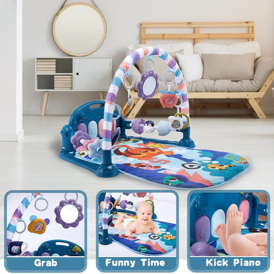 Centru de Activitati, KinderVibe, cu Pian Detasabil, cu Sunete si Lumini, cu Zornaitoare si Diverse Jucarii, Oglinda Detasabila, Volum Ajustabil, Albastru