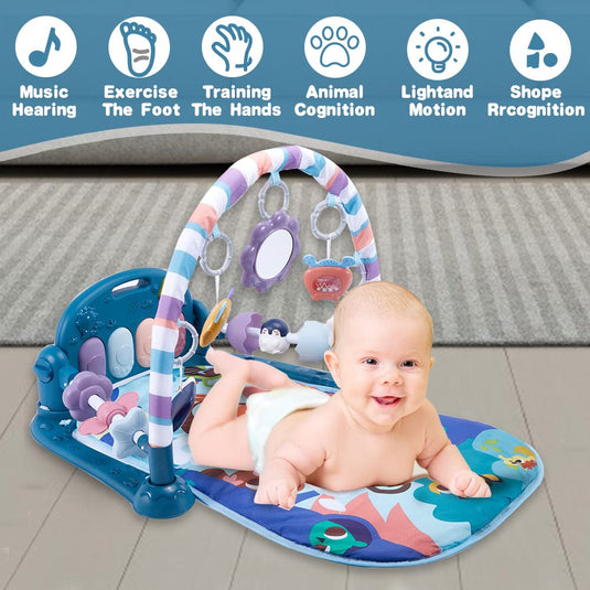 Centru de Activitati, KinderVibe, cu Pian Detasabil, cu Sunete si Lumini, cu Zornaitoare si Diverse Jucarii, Oglinda Detasabila, Volum Ajustabil, Albastru