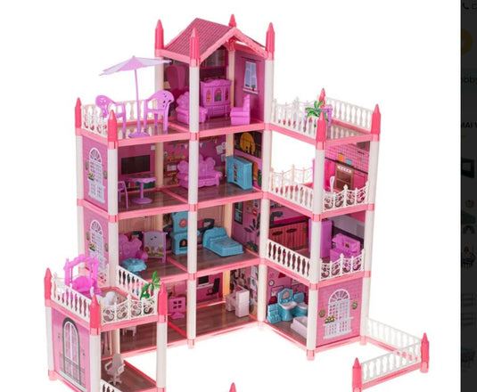 Casuta pentru Papusi DreamVilla KinderVibe™, cu 4 Etaje, 11 Camere, 4 Terase, Catel, Palmieri, Numeroase Piese de Mobilier Incluse, Design Deosebit, Inaltime 61cm, Pink Pop