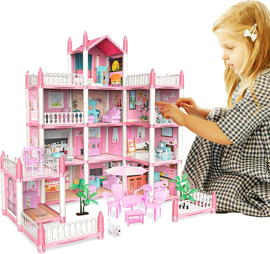 Casuta pentru Papusi DreamVilla KinderVibe™, cu 4 Etaje, 11 Camere, 4 Terase, Catel, Palmieri, Numeroase Piese de Mobilier Incluse, Design Deosebit, Inaltime 61cm, Pink Pop