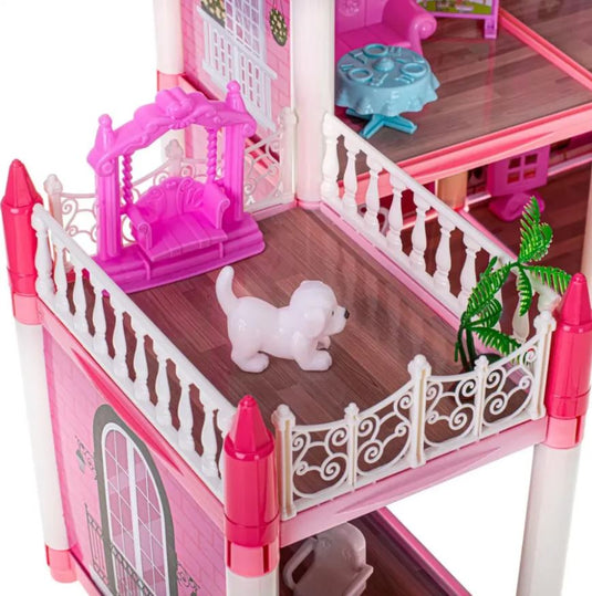 Casuta pentru Papusi DreamVilla KinderVibe™, cu 4 Etaje, 11 Camere, 4 Terase, Catel, Palmieri, Numeroase Piese de Mobilier Incluse, Design Deosebit, Inaltime 61cm, Pink Pop