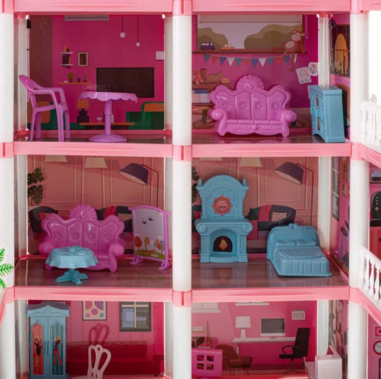Casuta pentru Papusi DreamVilla KinderVibe™, cu 4 Etaje, 11 Camere, 4 Terase, Catel, Palmieri, Numeroase Piese de Mobilier Incluse, Design Deosebit, Inaltime 61cm, Pink Pop