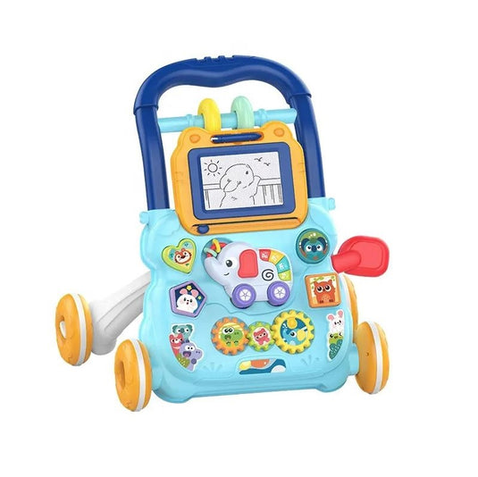 Antemergator Multifunctional 2 in 1, LittleSteps KinderVibe™, cu Activitati Interactive, Tabla Detasabila de Desenat, Sortator cu Forme, Panou Interactiv Detasabil, Roti Antiderapante, Blue Breeze