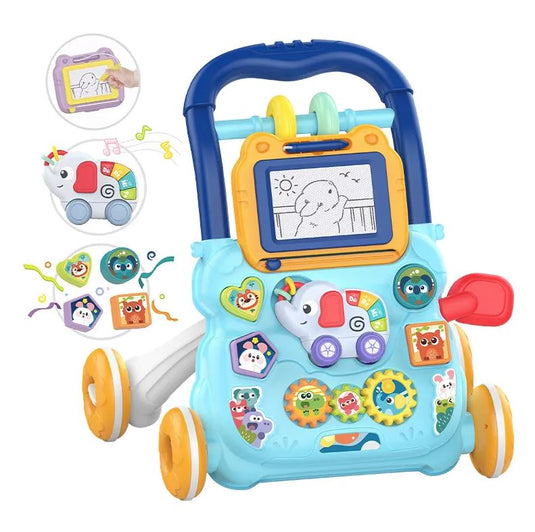 Antemergator Multifunctional 2 in 1, LittleSteps KinderVibe™, cu Activitati Interactive, Tabla Detasabila de Desenat, Sortator cu Forme, Panou Interactiv Detasabil, Roti Antiderapante, Blue Breeze