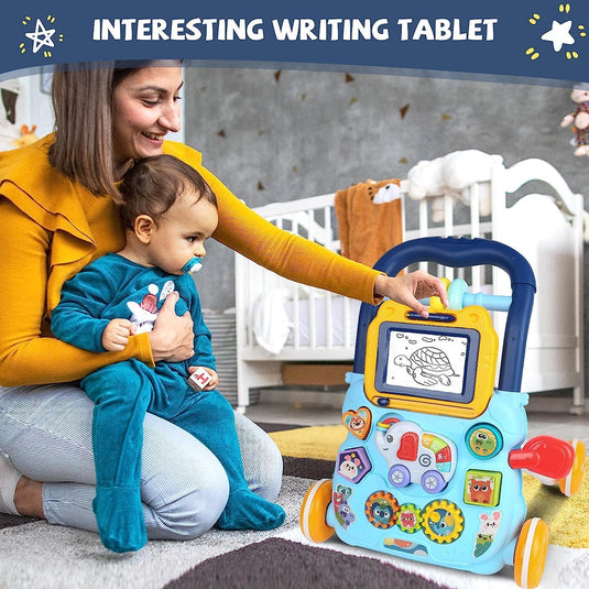 Antemergator Multifunctional 2 in 1, LittleSteps KinderVibe™, cu Activitati Interactive, Tabla Detasabila de Desenat, Sortator cu Forme, Panou Interactiv Detasabil, Roti Antiderapante, Blue Breeze