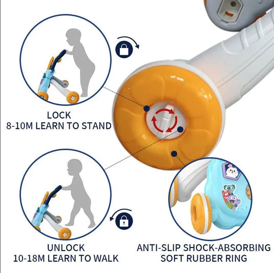 Antemergator Multifunctional 2 in 1, LittleSteps KinderVibe™, cu Activitati Interactive, Tabla Detasabila de Desenat, Sortator cu Forme, Panou Interactiv Detasabil, Roti Antiderapante, Blue Breeze