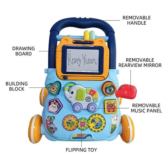Antemergator Multifunctional 2 in 1, LittleSteps KinderVibe™, cu Activitati Interactive, Tabla Detasabila de Desenat, Sortator cu Forme, Panou Interactiv Detasabil, Roti Antiderapante, Blue Breeze