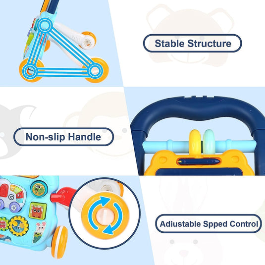 Antemergator Multifunctional 2 in 1, LittleSteps KinderVibe™, cu Activitati Interactive, Tabla Detasabila de Desenat, Sortator cu Forme, Panou Interactiv Detasabil, Roti Antiderapante, Blue Breeze