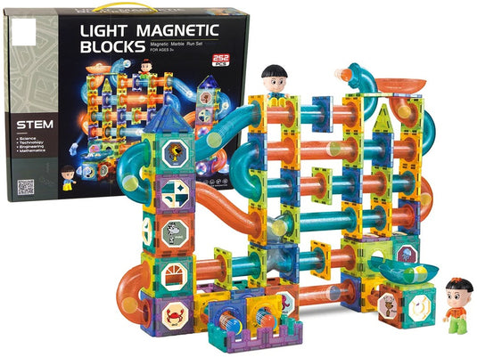 Set de Constructie Magic Light Magnets, Include 252 de Piese, Lumineaza in Intuneric, Magneti Puternici, Traseu cu Bile, Numeroase Posibilitati de Construit, STEM, Educativ si Creativ, Indiggo®, 3ani+, Luminos