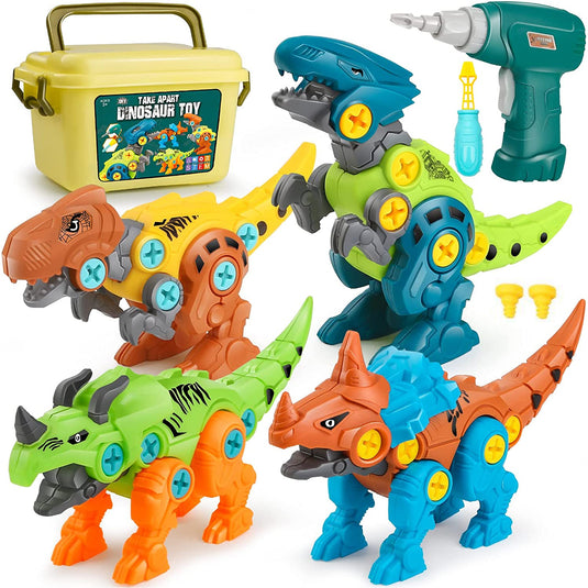 Set Constructie STEM Dinozauri cu Bormasina Electrica DIY JurassicDino, Jucarie Montessori, 4 Dinozauri, Cutie Depozitare, Piese Mobile/Articulatii Flexibile, Usor de Asamblat/Demontat, Jucarie pentru baieti si fete 3-8 ani, Multicolor