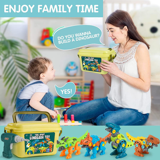 Set Constructie STEM Dinozauri cu Bormasina Electrica DIY JurassicDino, Jucarie Montessori, 4 Dinozauri, Cutie Depozitare, Piese Mobile/Articulatii Flexibile, Usor de Asamblat/Demontat, Jucarie pentru baieti si fete 3-8 ani, Multicolor