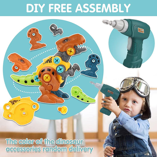 Set Constructie STEM Dinozauri cu Bormasina Electrica DIY JurassicDino, Jucarie Montessori, 4 Dinozauri, Cutie Depozitare, Piese Mobile/Articulatii Flexibile, Usor de Asamblat/Demontat, Jucarie pentru baieti si fete 3-8 ani, Multicolor
