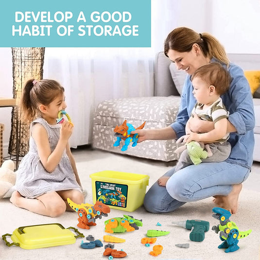 Set Constructie STEM Dinozauri cu Bormasina Electrica DIY JurassicDino, Jucarie Montessori, 4 Dinozauri, Cutie Depozitare, Piese Mobile/Articulatii Flexibile, Usor de Asamblat/Demontat, Jucarie pentru baieti si fete 3-8 ani, Multicolor
