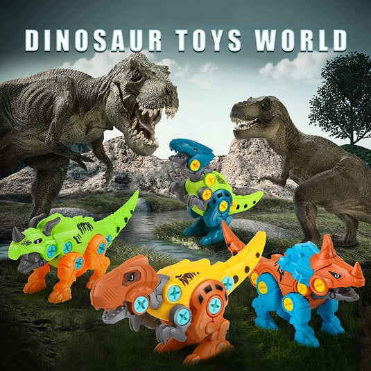Set Constructie STEM Dinozauri cu Bormasina Electrica DIY JurassicDino, Jucarie Montessori, 4 Dinozauri, Cutie Depozitare, Piese Mobile/Articulatii Flexibile, Usor de Asamblat/Demontat, Jucarie pentru baieti si fete 3-8 ani, Multicolor