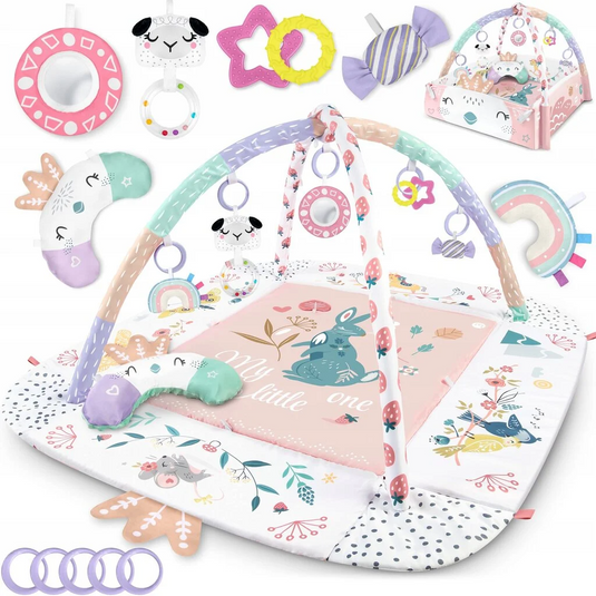 Saltea de Activitati si Spatiu de Joaca 3in1, BabyKING KinderVibe™, cu Perna, 7 Jucarii Senzoriale Detasabile, Doua Arcade, Oglinda, Material Moale cu Protectie Termica, Usor de Curatat, Antiderapant, Multifunctional, Soft Pink