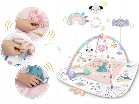 Saltea de Activitati si Spatiu de Joaca 3in1, BabyKING KinderVibe™, cu Perna, 7 Jucarii Senzoriale Detasabile, Doua Arcade, Oglinda, Material Moale cu Protectie Termica, Usor de Curatat, Antiderapant, Multifunctional, Soft Pink