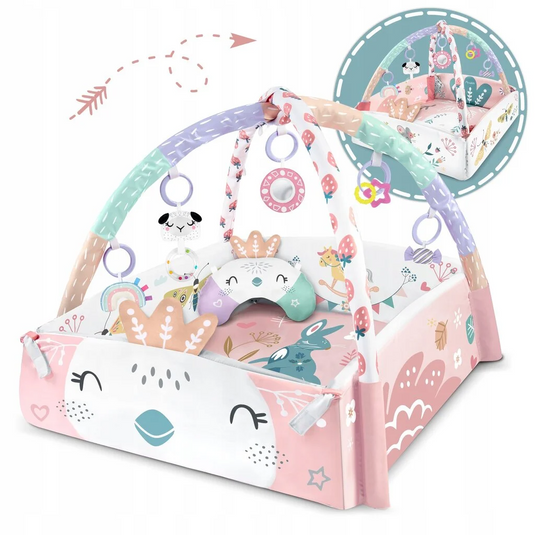 Saltea de Activitati si Spatiu de Joaca 3in1, BabyKING KinderVibe™, cu Perna, 7 Jucarii Senzoriale Detasabile, Doua Arcade, Oglinda, Material Moale cu Protectie Termica, Usor de Curatat, Antiderapant, Multifunctional, Soft Pink