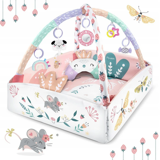 Saltea de Activitati si Spatiu de Joaca 3in1, BabyKING KinderVibe™, cu Perna, 7 Jucarii Senzoriale Detasabile, Doua Arcade, Oglinda, Material Moale cu Protectie Termica, Usor de Curatat, Antiderapant, Multifunctional, Soft Pink