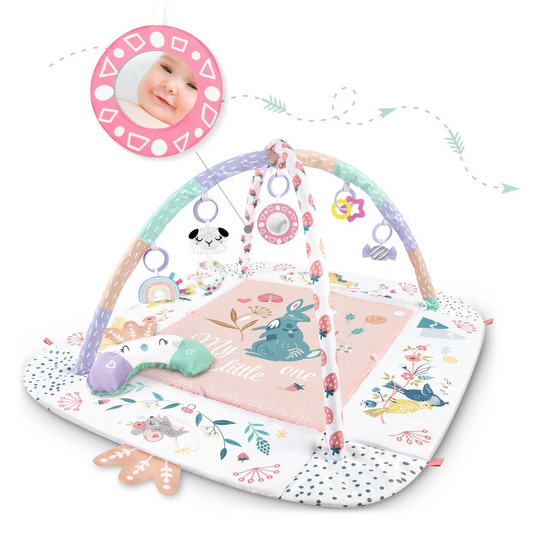 Saltea de Activitati si Spatiu de Joaca 3in1, BabyKING KinderVibe™, cu Perna, 7 Jucarii Senzoriale Detasabile, Doua Arcade, Oglinda, Material Moale cu Protectie Termica, Usor de Curatat, Antiderapant, Multifunctional, Soft Pink