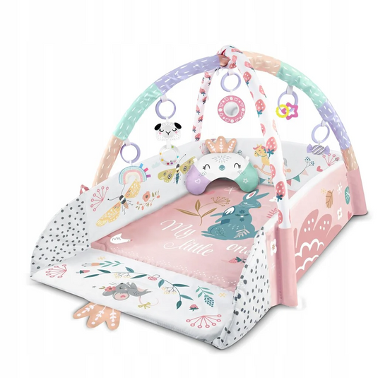 Saltea de Activitati si Spatiu de Joaca 3in1, BabyKING KinderVibe™, cu Perna, 7 Jucarii Senzoriale Detasabile, Doua Arcade, Oglinda, Material Moale cu Protectie Termica, Usor de Curatat, Antiderapant, Multifunctional, Soft Pink