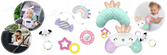 Saltea de Activitati si Spatiu de Joaca 3in1, BabyKING KinderVibe™, cu Perna, 7 Jucarii Senzoriale Detasabile, Doua Arcade, Oglinda, Material Moale cu Protectie Termica, Usor de Curatat, Antiderapant, Multifunctional, Soft Pink