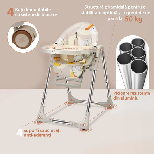 Scaun de Masa Pliabil 5 in 1 KinderVIBE®, 6 Luni +, 5 Pozitii inclinare Spatar, Stabil, Centura de Siguranta cu Reglaj in 5 Puncte, Ajustabil pe Inaltime, Tavita Reglabila si Detasabila, Rezistent la Murdarie, Picioare Antiderapante, Roti, Grenadine