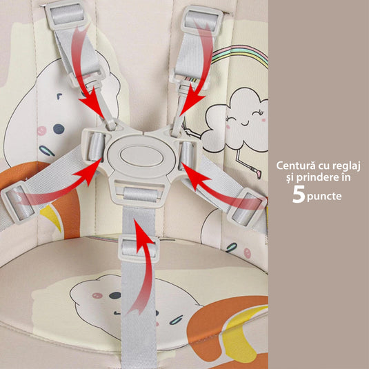 Scaun de Masa Pliabil 5 in 1 KinderVIBE®, 6 Luni +, 5 Pozitii inclinare Spatar, Stabil, Centura de Siguranta cu Reglaj in 5 Puncte, Ajustabil pe Inaltime, Tavita Reglabila si Detasabila, Rezistent la Murdarie, Picioare Antiderapante, Roti, Grenadine