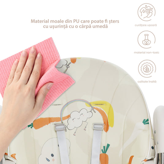 Scaun de Masa Pliabil 5 in 1 KinderVIBE®, 6 Luni +, 5 Pozitii inclinare Spatar, Stabil, Centura de Siguranta cu Reglaj in 5 Puncte, Ajustabil pe Inaltime, Tavita Reglabila si Detasabila, Rezistent la Murdarie, Picioare Antiderapante, Roti, Grenadine