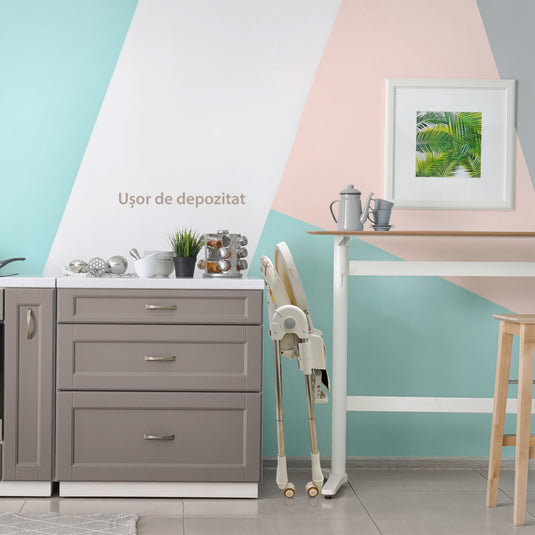 Scaun de Masa Pliabil 5 in 1 KinderVIBE®, 6 Luni +, 5 Pozitii inclinare Spatar, Stabil, Centura de Siguranta cu Reglaj in 5 Puncte, Ajustabil pe Inaltime, Tavita Reglabila si Detasabila, Rezistent la Murdarie, Picioare Antiderapante, Roti, Grenadine