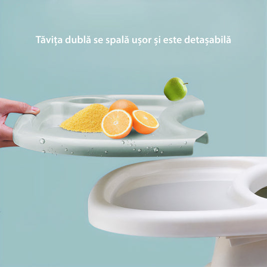 Scaun de Masa Pliabil cu Spatar reglabil KinderVIBE®, 6 Luni +, Multifunctional si Stabil, Tavita si Husa Detasabile si Lavabile, Centura de Siguranta 5 Puncte, Ajustabil pe Inaltime, Balansoar, Cos de Depozitare, Roz maces