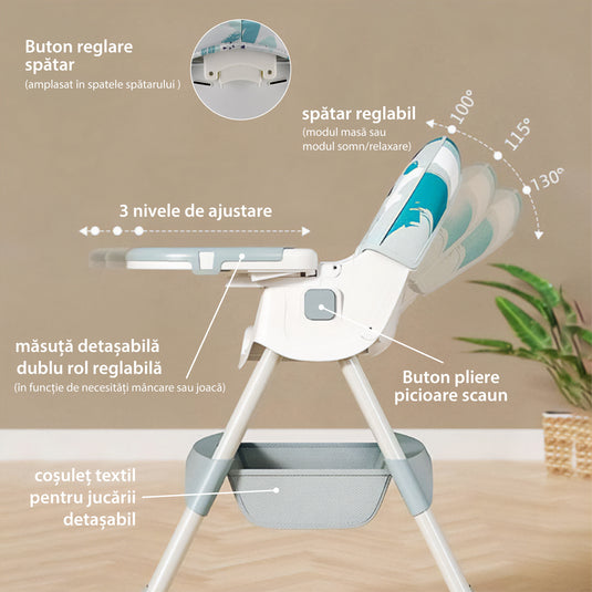 Scaun de Masa Pliabil cu Spatar reglabil KinderVIBE®, 6 Luni +, Multifunctional si Stabil, Tavita si Husa Detasabile si Lavabile, Centura de Siguranta 5 Puncte, Ajustabil pe Inaltime, Balansoar, Cos de Depozitare, Roz maces