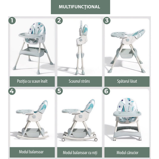 Scaun de Masa Pliabil cu Spatar reglabil KinderVIBE®, 6 Luni +, Multifunctional si Stabil, Tavita si Husa Detasabile si Lavabile, Centura de Siguranta 5 Puncte, Ajustabil pe Inaltime, Balansoar, Cos de Depozitare, Roz maces