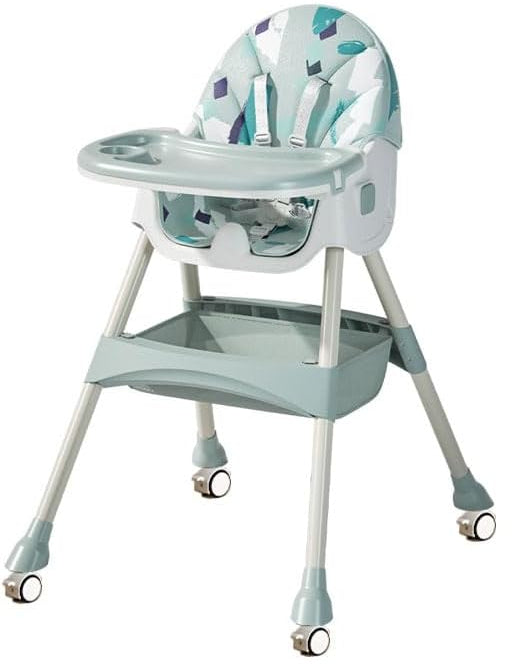 Scaun de Masa Pliabil cu Spatar reglabil KinderVIBE®, 6 Luni +, Multifunctional si Stabil, Tavita si Husa Detasabile si Lavabile, Roti, Centura de Siguranta 5 Puncte, Ajustabil pe Inaltime, Balansoar, Cos de Depozitare, Verde Mandala