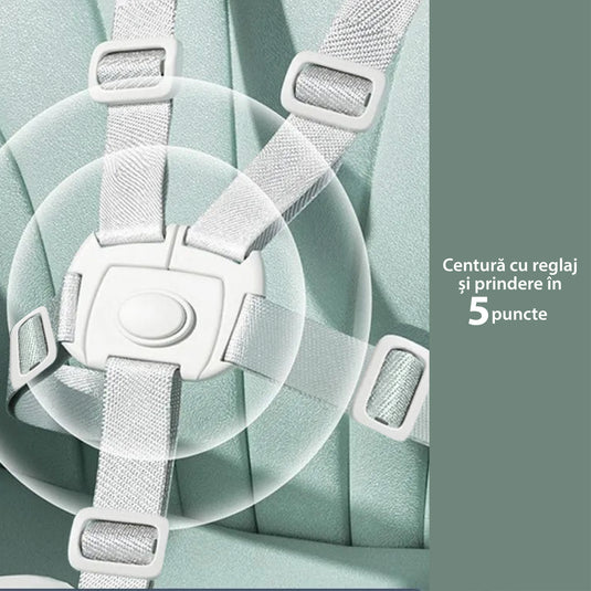 Scaun de Masa Pliabil cu Spatar reglabil KinderVIBE®, 6 Luni +, Multifunctional si Stabil, Tavita si Husa Detasabile si Lavabile, Roti, Centura de Siguranta 5 Puncte, Ajustabil pe Inaltime, Balansoar, Cos de Depozitare, Verde Mandala