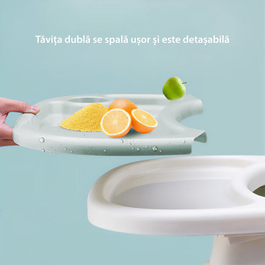 Scaun de Masa Pliabil cu Spatar reglabil KinderVIBE®, 6 Luni +, Multifunctional si Stabil, Tavita si Husa Detasabile si Lavabile, Roti, Centura de Siguranta 5 Puncte, Ajustabil pe Inaltime, Balansoar, Cos de Depozitare, Verde Mandala