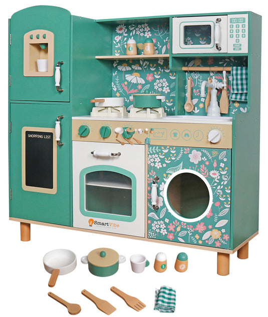 Set Bucatarie cu Accesorii pentru Copii, din Lemn Natural, Vintage Floral, KinderVibe™, Arzatoare cu Baterii, Cuptor, Chiuveta, Masina de Spalat Rufe, Instrumente pentru Gatit, 91CM Inaltime, Verde