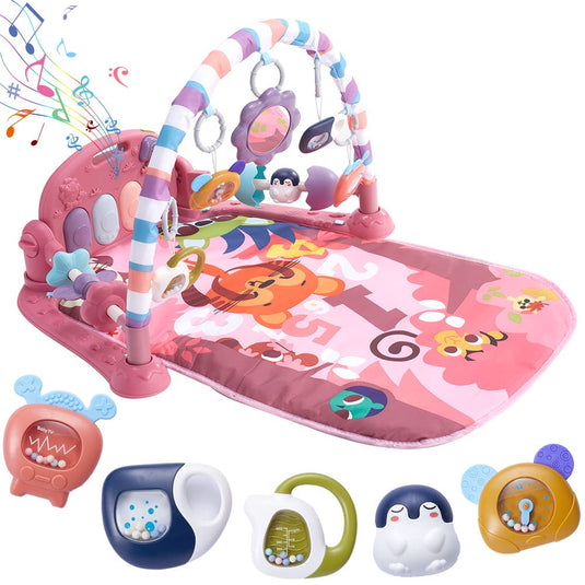Centru de Activitati, KinderVibe, cu Pian Detasabil, cu Sunete si Lumini, cu Zornaitoare si Diverse Jucarii, Oglinda Detasabila, Volum Ajustabil, Roz