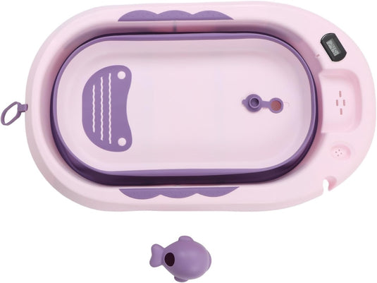 Cadita bebelusi pliabila cu pernuta UniqViBE®, termometru incorporat, cana pentru clatire tip jucarie, suport cap de dus si pentru sapun, 2 ratuste si casca protectie incluse, picioare antiderapante, design Ergonomic, Purple Royal