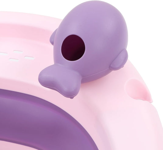 Cadita bebelusi pliabila cu pernuta UniqViBE®, termometru incorporat, cana pentru clatire tip jucarie, suport cap de dus si pentru sapun, 2 ratuste si casca protectie incluse, picioare antiderapante, design Ergonomic, Purple Royal