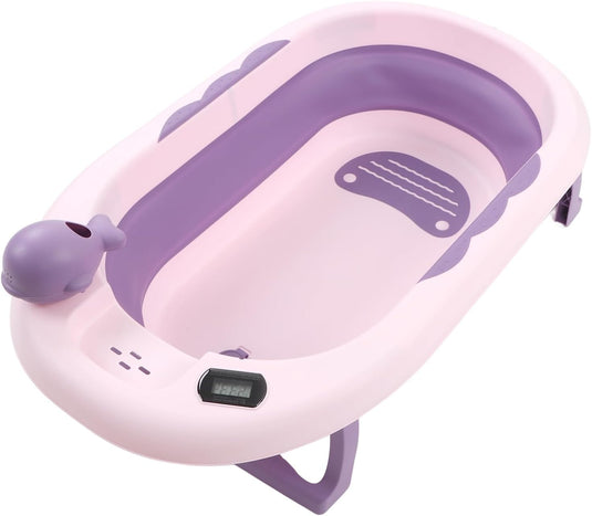 Cadita bebelusi pliabila cu pernuta UniqViBE®, termometru incorporat, cana pentru clatire tip jucarie, suport cap de dus si pentru sapun, 2 ratuste si casca protectie incluse, picioare antiderapante, design Ergonomic, Purple Royal